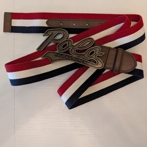 Polo Ralph Lauren Striped Canvas Leather Belt‎ Script Logo Buckle Red White Blue
